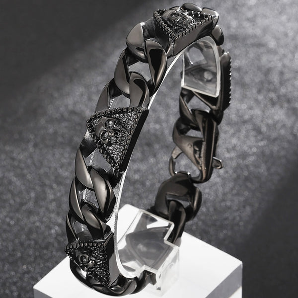 Pulsera de cadena de eslabones con forma de calavera para hombre, de acero inoxidable, estilo retro, color negro sólido, para muñeca.