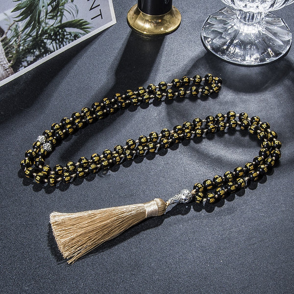 Islamic Muslim Tasbih Prayer Beads 8mm Six Words Mantra Obsidian Beaded
