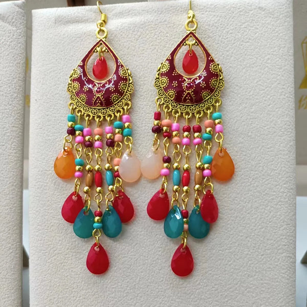 Pendientes largos bohemios con borlas de colores y gotas de agua para mujer