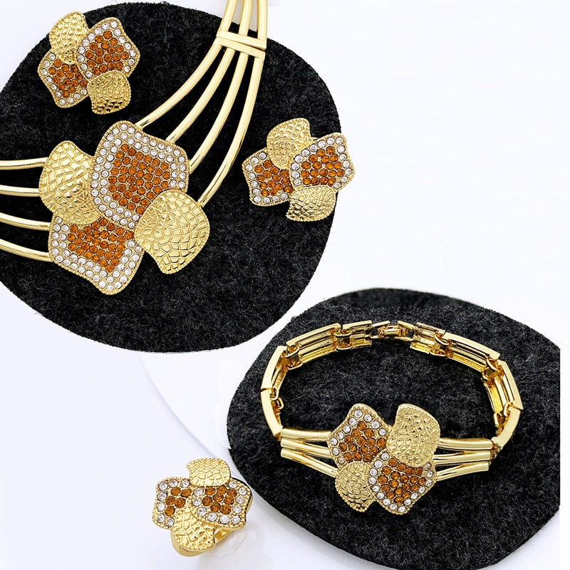 Gold Color Jewelry Set For Women Inlays White Rhinestone Necklace Earrings Bracelets Rings Set
