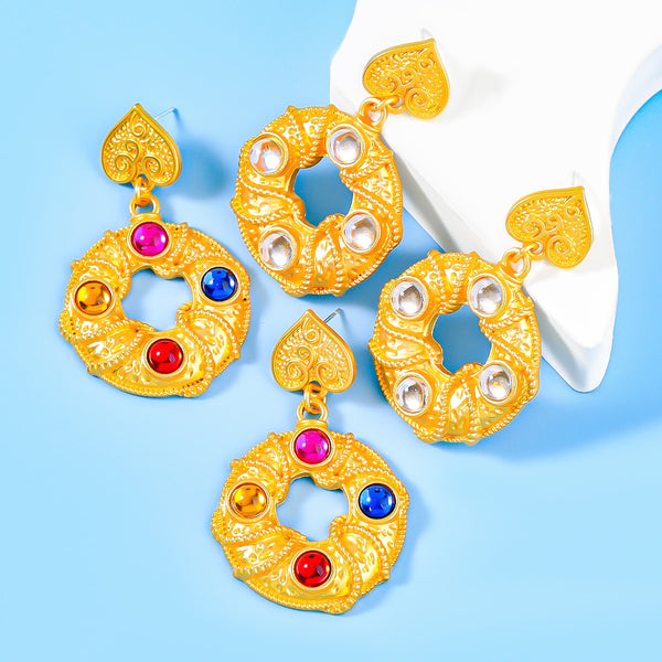 Pendientes geométricos de metal con diamantes de imitación dorados para mujer