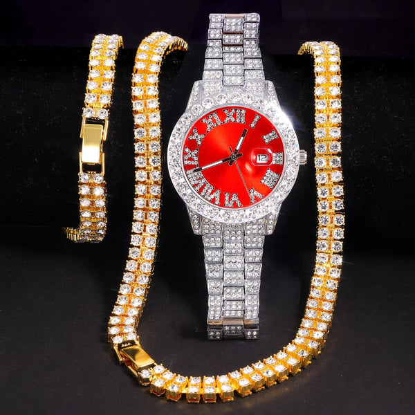 Conjunto de collar, reloj y pulsera de cadena de tenis estilo hip hop de Miami
