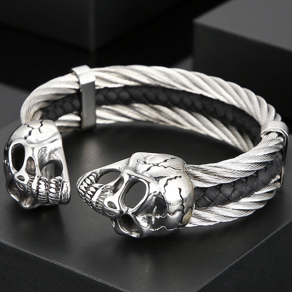 Brazalete abierto de acero inoxidable y cuero con calavera de motociclista para hombre, regalo de cumpleaños