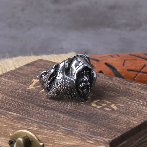 Anillo de acero inoxidable con diseño de cuervo de Odín y lobo vikingo para hombre de la mitología nórdica