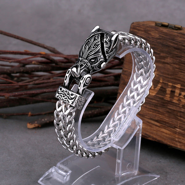 Pulsera de acero inoxidable 316L con cabeza de lobo nórdico de moda para hombre.