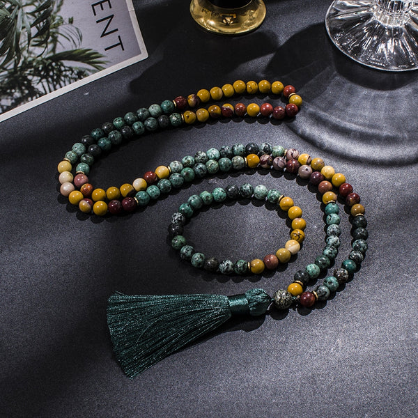 Collar de 108 cuentas de oración Mala de 8 mm con turquesa africana de mokaita, conjunto de meditación y yoga Japamala.