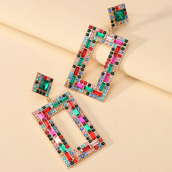 Pendientes colgantes de cristal vintage rectangulares de colección colorida de moda bohemia para mujer