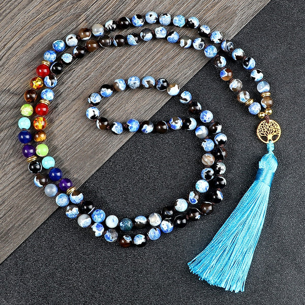 Collar con colgante de árbol de la vida para mujer, 108 cuentas de japamala y 7 chakras, de ónix natural.