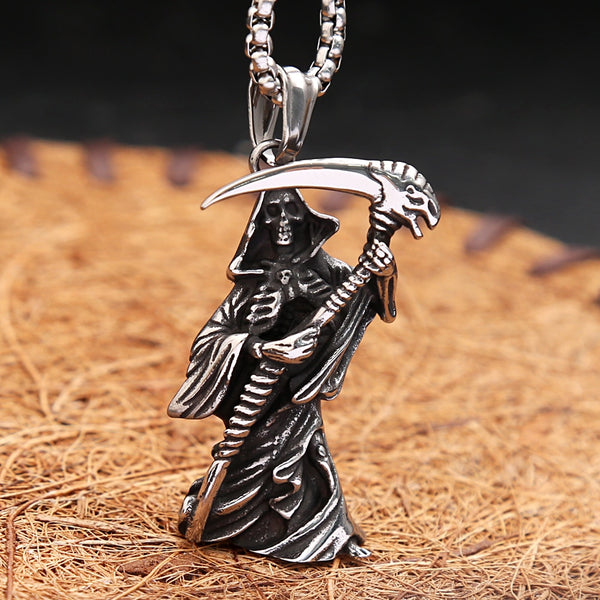 Collar con colgante de calavera con guadaña de la muerte gótica vintage para hombre