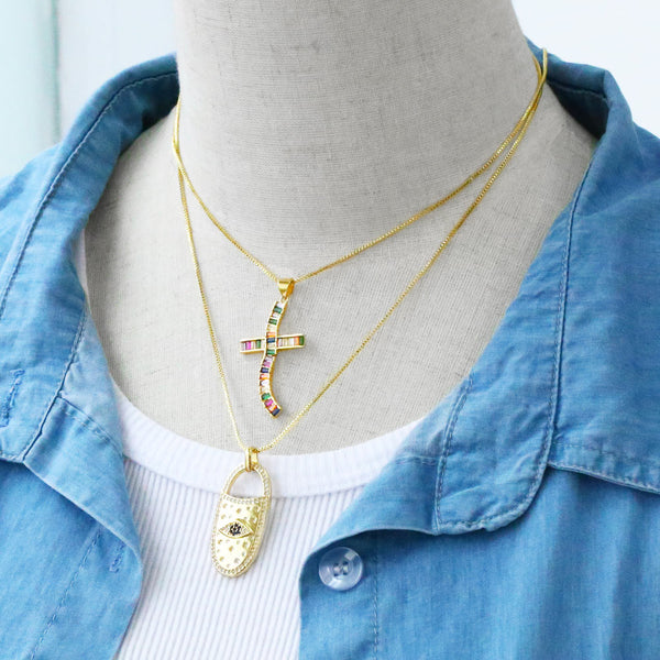 Big Oval Evil Eye Padlock Necklaces for Women Rainbow CZ Rhinestone Cross Necklaces