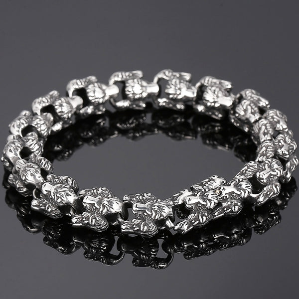 Pulseras para hombre estilo punk de 12 mm con cabeza de león y cadena de eslabones.