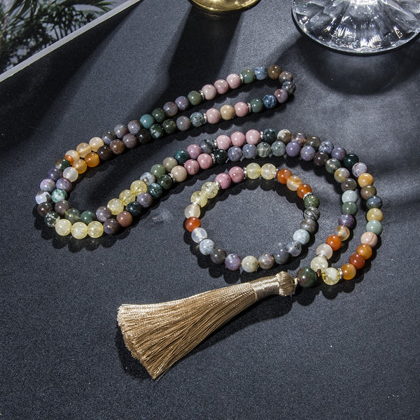 Collar de cuentas de ónix indio citrino natural de 8 mm con 108 cuentas de mala