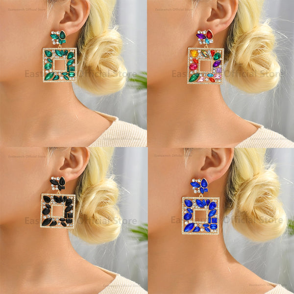Nuevos pendientes colgantes grandes de cristal cuadrado colorido para mujer