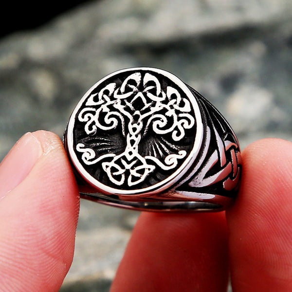 Anillo vikingo vintage de moda con diseño de árbol de la vida, de acero inoxidable, con nudo celta nórdico.