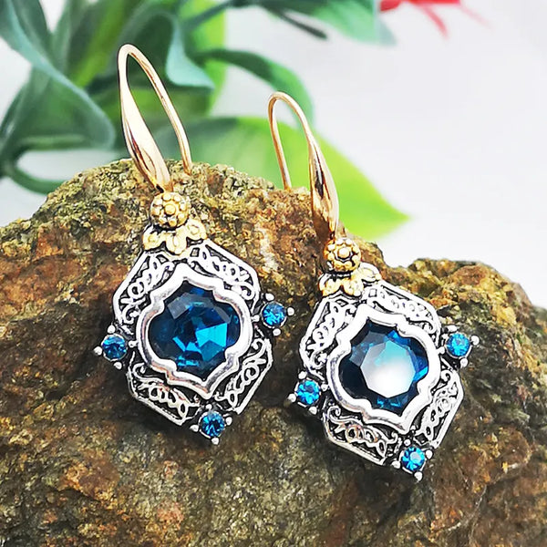 Pendientes bohemios vintage de piedra azul cuadrada para mujer