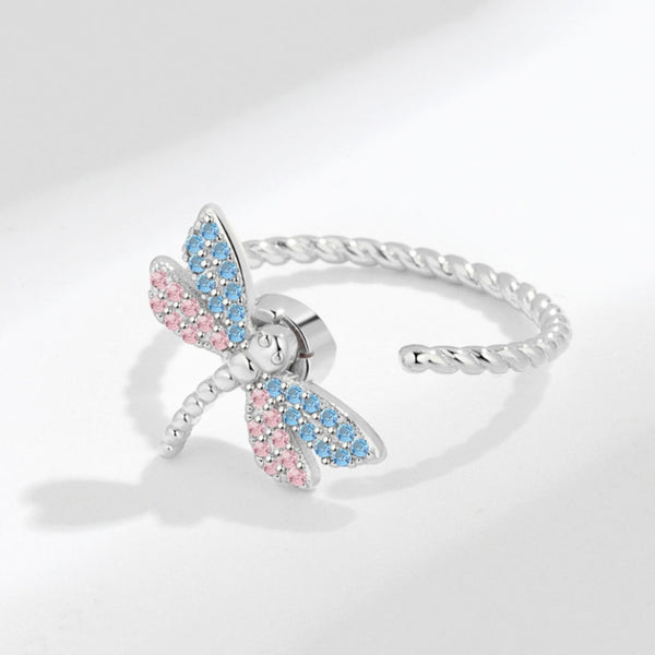 Anillos giratorios originales de libélula con incrustaciones de cristal azul y rosa para mujer