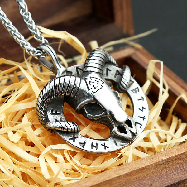 Collar vintage vikingo nórdico con calavera de cabra Valknut, colgante de acero inoxidable 316L con runas para motociclistas