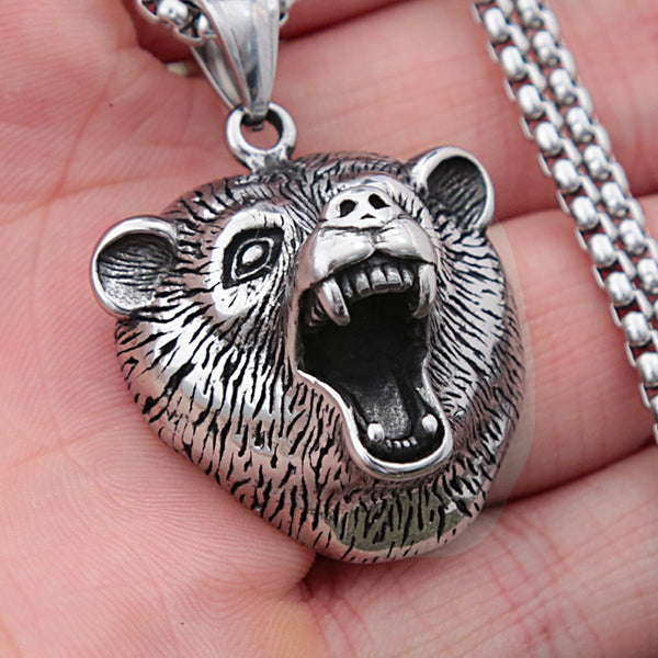 Collar vintage de acero inoxidable con colgante de oso eslavo