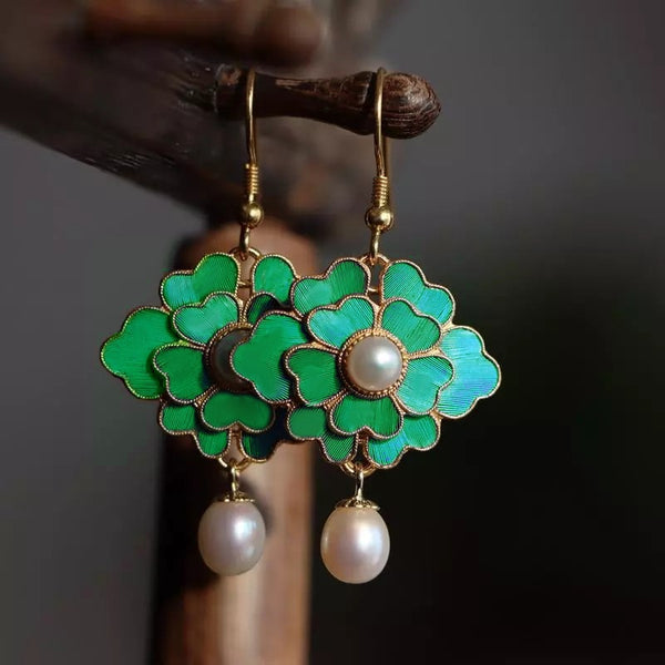 Cloisonne pearl enamel porcelain earrings