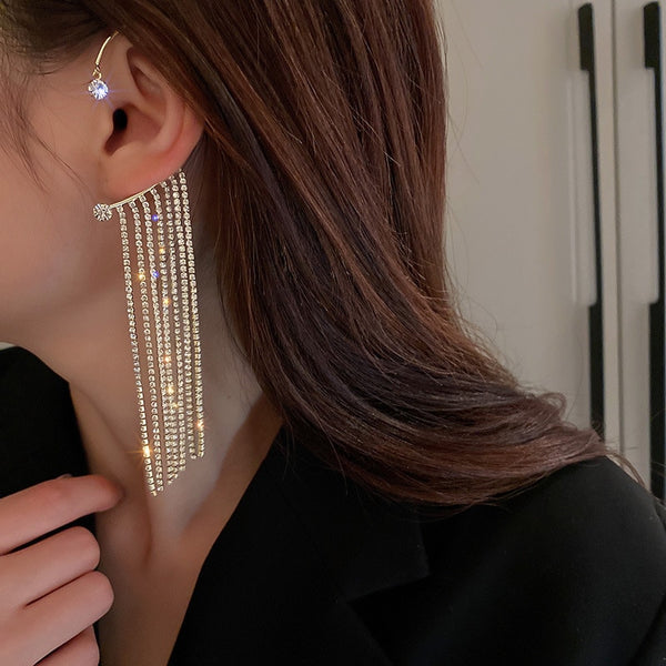 Pendientes largos con borlas y diamantes de imitación, estilo coreano, con gancho para la oreja y cristales para mujer.