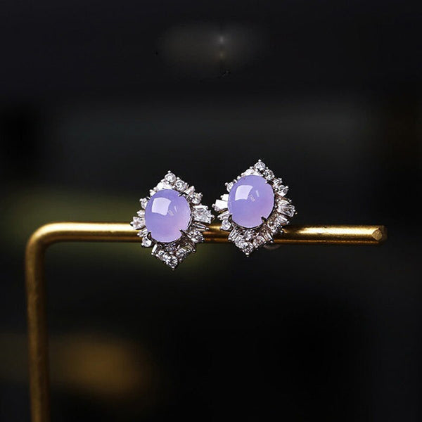 Pendientes geométricos de calcedonia violeta natural con incrustaciones de cristal en plata Inspiration Craft