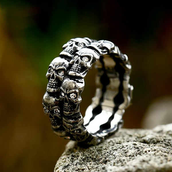 Anillo de acero inoxidable estilo punk vintage con calavera de cristal y piedra para hombre, estilo hip hop y rock.