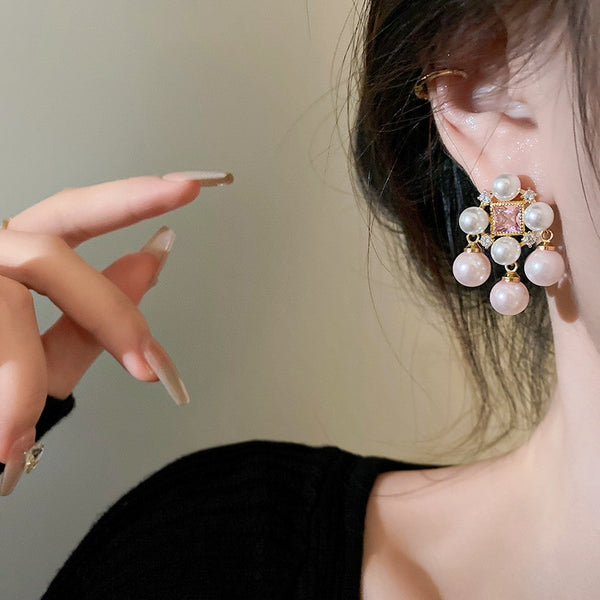 Pendientes de borla con perla y circonita rosa estilo palacio barroco para mujer