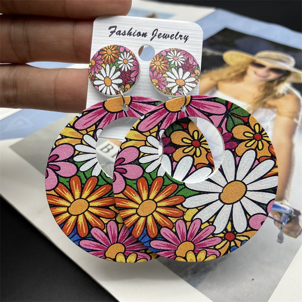 Pendientes de sol con flores de colores para mujer, de madera, redondos, huecos y con estampado bohemio.