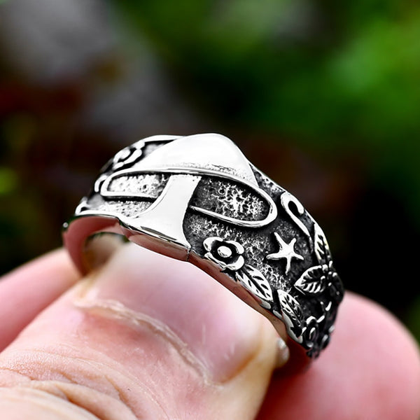 Anillo vintage de acero inoxidable con forma de hongo de estilo nórdico para hombre y mujer.