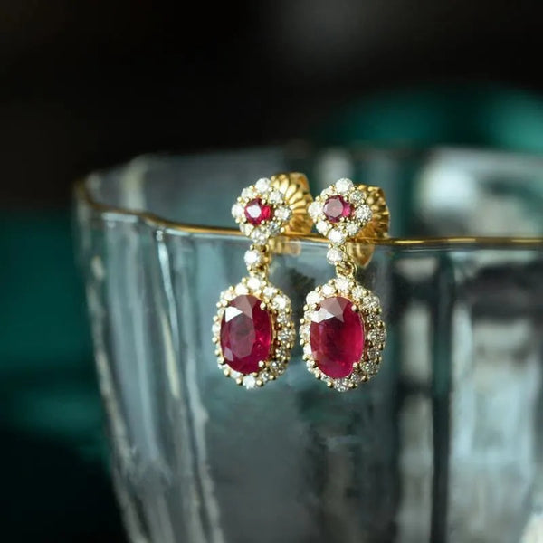 Original New Ruby Silver Set Diamond Oval Women Earrings