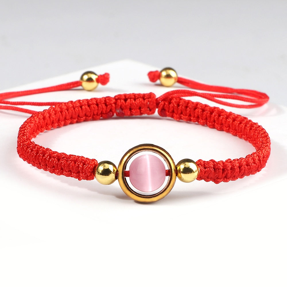 Pink Cat Eye Stone Beads Braided Bracelet For Women Red Thread String Bracelet