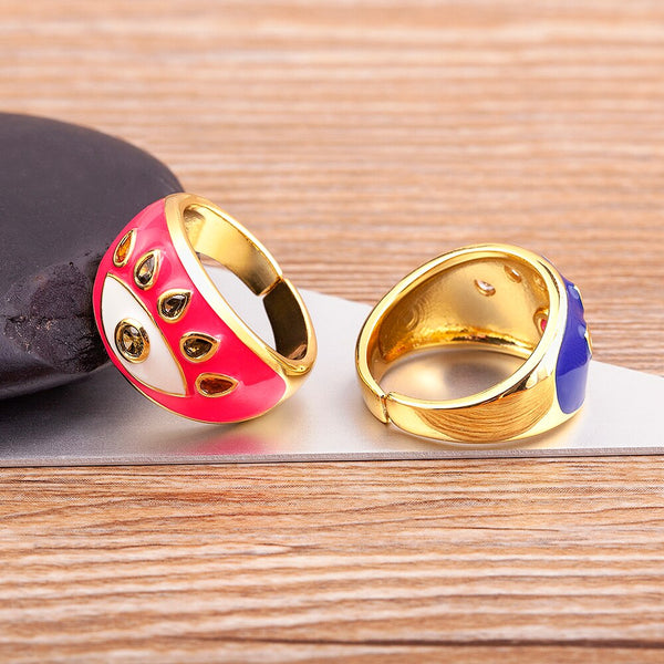 Anillo de dedo con esmalte multicolor y gotas de aceite de ojo de diablo, hecho a mano y moderno