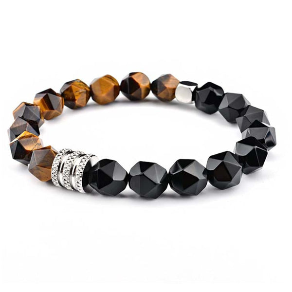 Pulsera elástica de cuentas de ojo de tigre natural de 10 mm con ónix negro para hombre y mujer
