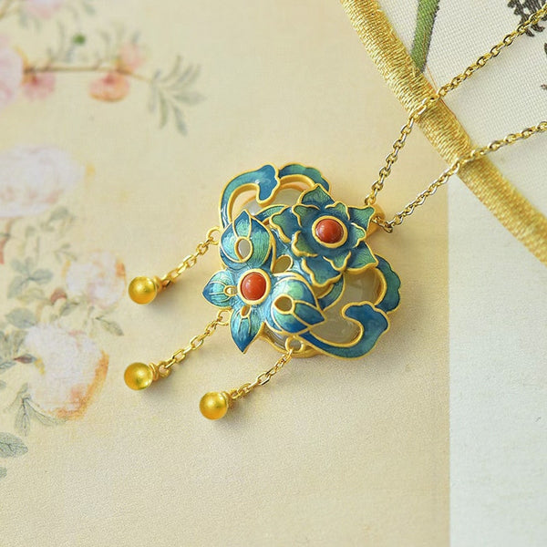Creative design Ancient gold craft inlaid with natural Hetian jade necklace