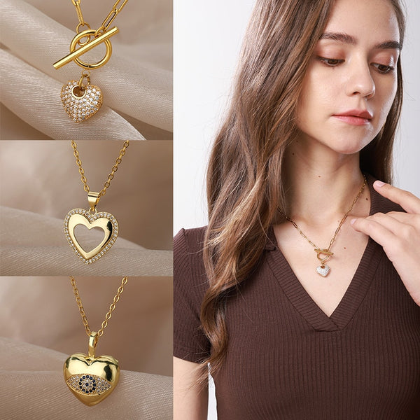 Heart Necklace For Women Stainless Steel Chain Cubic Zirconia OT Buckle Heart Necklaces