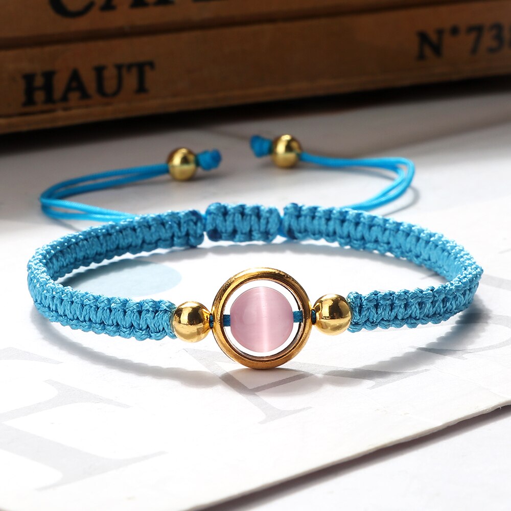 Pink Cat Eye Stone Beads Braided Bracelet For Women Red Thread String Bracelet