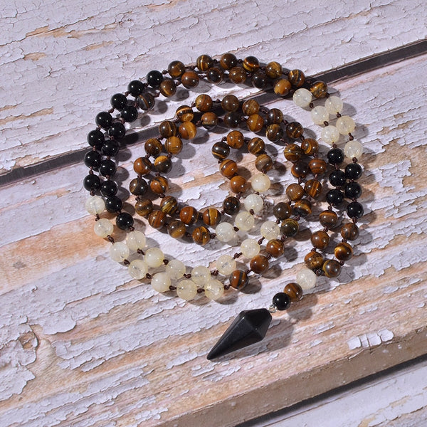 8mm Citrine Yellow Tiger Eye Beads Knotted 108 Mala Necklace