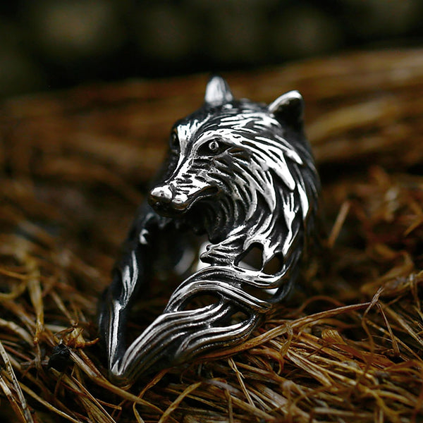 Anillo punk vintage con cabeza de lobo negro para hombre