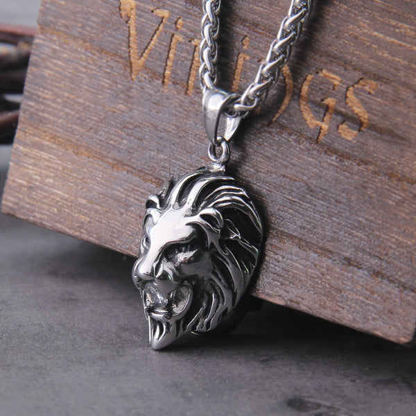 Collar con colgante de cabeza de león punk de acero inoxidable con cadena de piedra para hombre