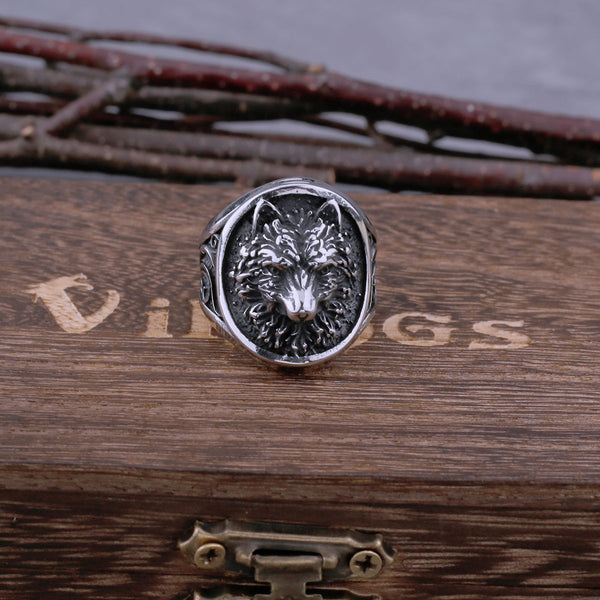 Anillo vikingo de acero inoxidable 316L con cabeza de lobo que nunca se decolora, anillo vintage de hip hop para hombre.