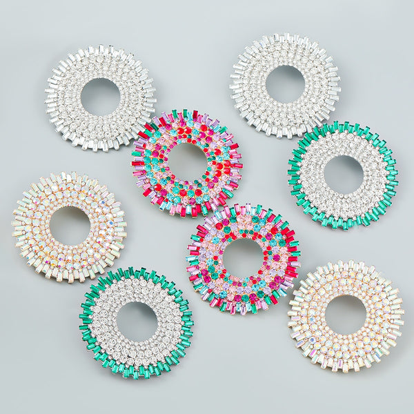 Pendientes geométricos de girasol con diamantes de imitación redondos de metal para mujer