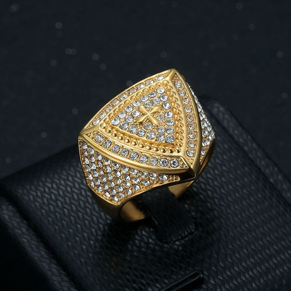 Anillos de acero inoxidable, titanio y circonitas de lujo con escudo cruzado estilo hip hop para hombres y mujeres.