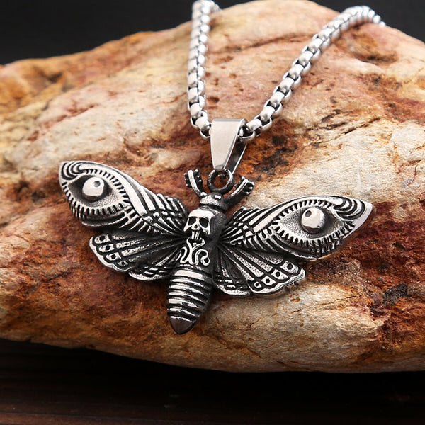 Collar con colgante de polilla de la muerte de acero inoxidable vintage único para hombres y mujeres