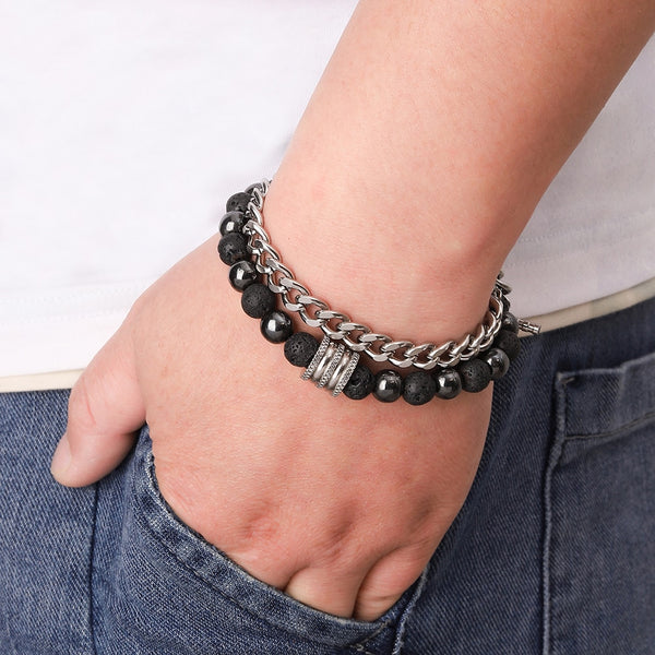8MM Stone Beaded Bracelet for Men Boys Hemitate Metal Lava Stone