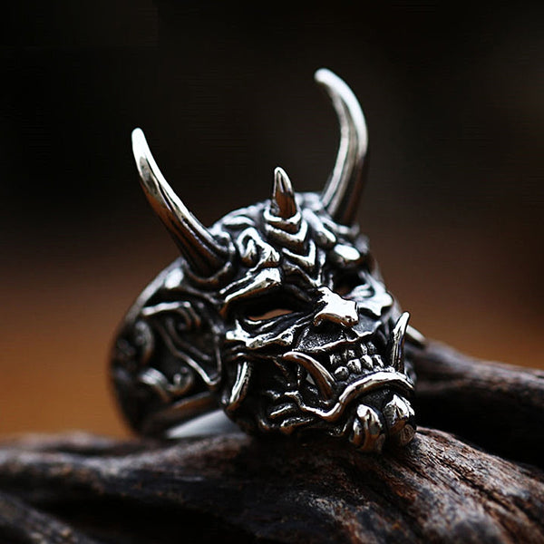 Anillo de máscara Prajna vintage de acero inoxidable para hombre.