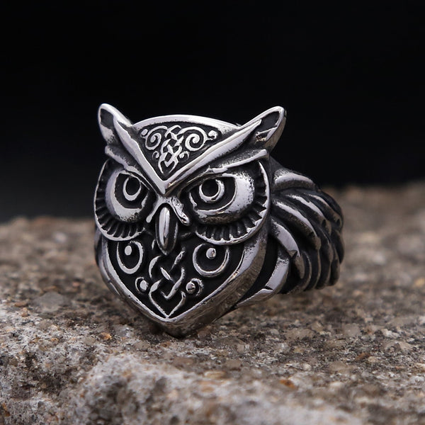 Anillos vintage de acero inoxidable con cabeza de búho nórdico de Odín para hombres y mujeres