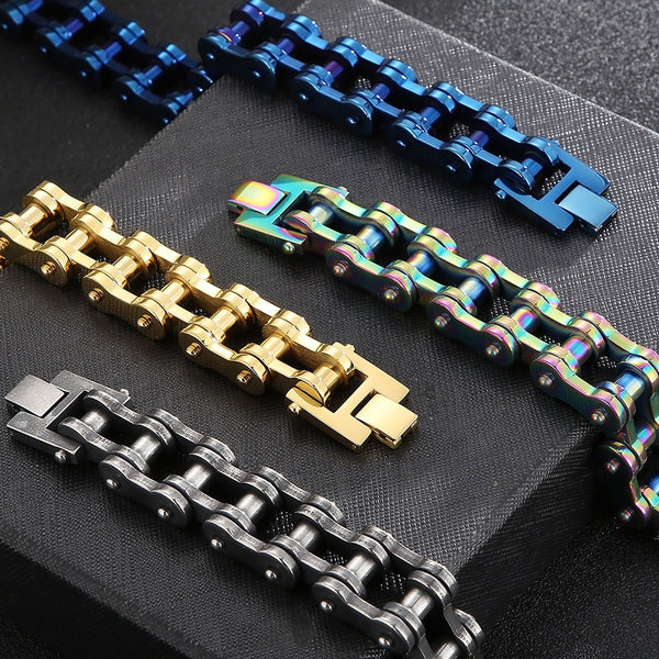 Pulsera de acero inoxidable chapada en oro para hombre, de 18 mm y 23 cm, con cadena de bicicleta.