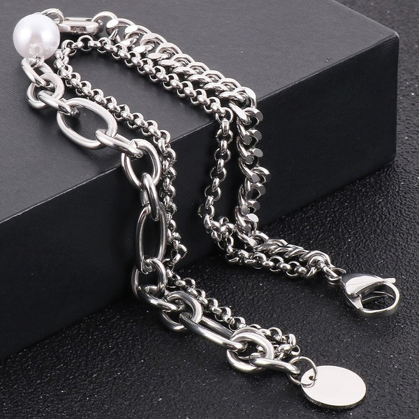 Pulsera de cadena de eslabones de doble capa de acero inoxidable para hombre