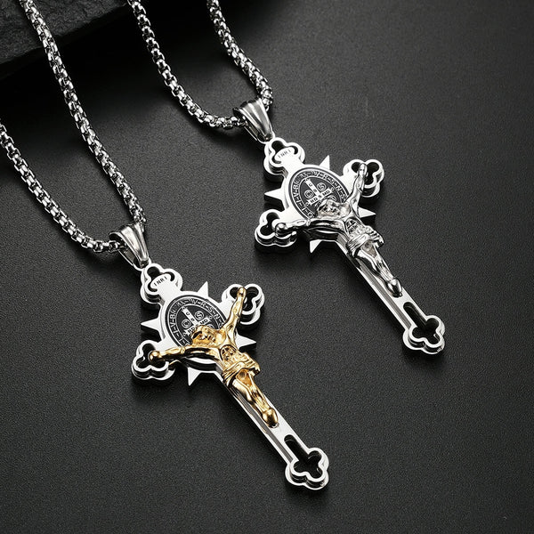 Collar vintage con colgante de cruz católica de Jesús para hombre