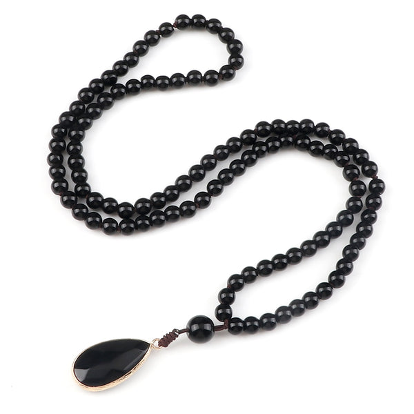 Collar de meditación de obsidiana negra para hombre, colgante largo con 108 cuentas de mala de ónix negro natural.